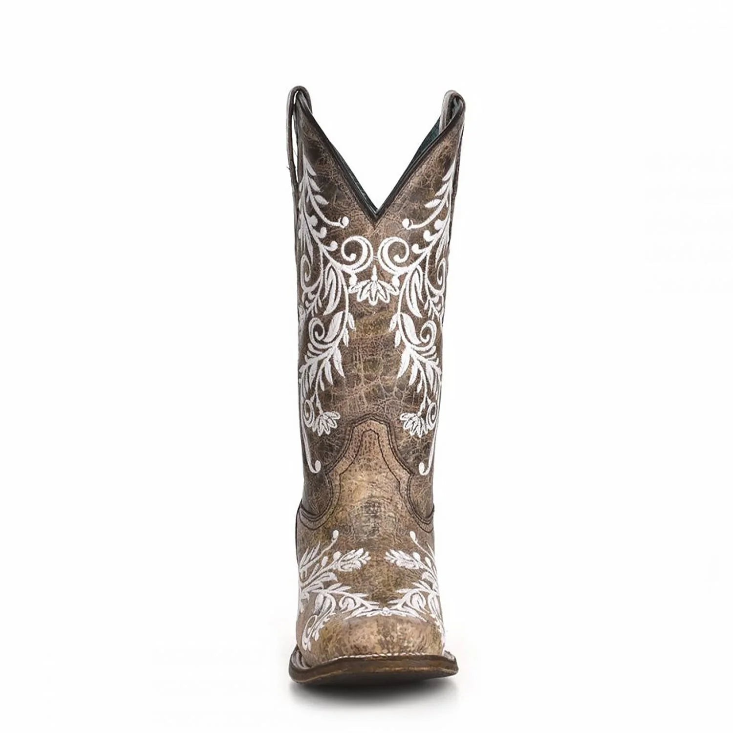 Corral Womens Glow in the Dark White Feathered Floral Embroidery Brown Square Toe Boot