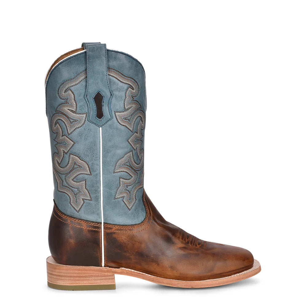 Corral Mens Blue and Honey Embroidery Wide Square Toe Rodeo Cowboy Boot