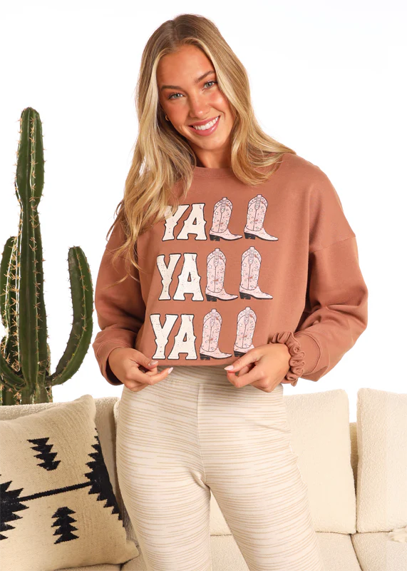 Rock and Roll Ladies Brown Yall Graphic Cropped Sweater Pullover - Winter Black Friday Sale