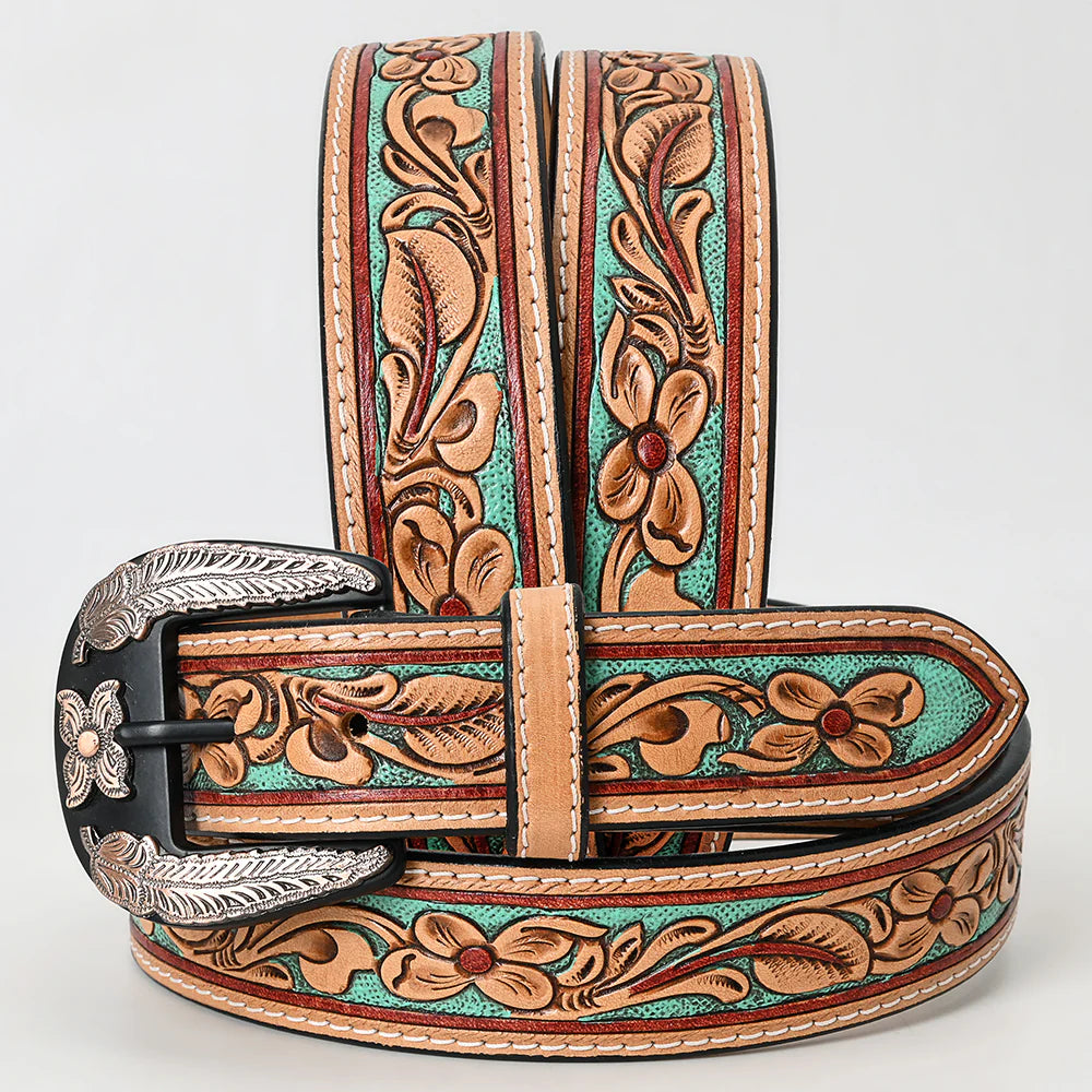 American Darling Mint Green Floral Tooled Leather Belt | Country Clothing - Belts | Saddleworld Ispwich