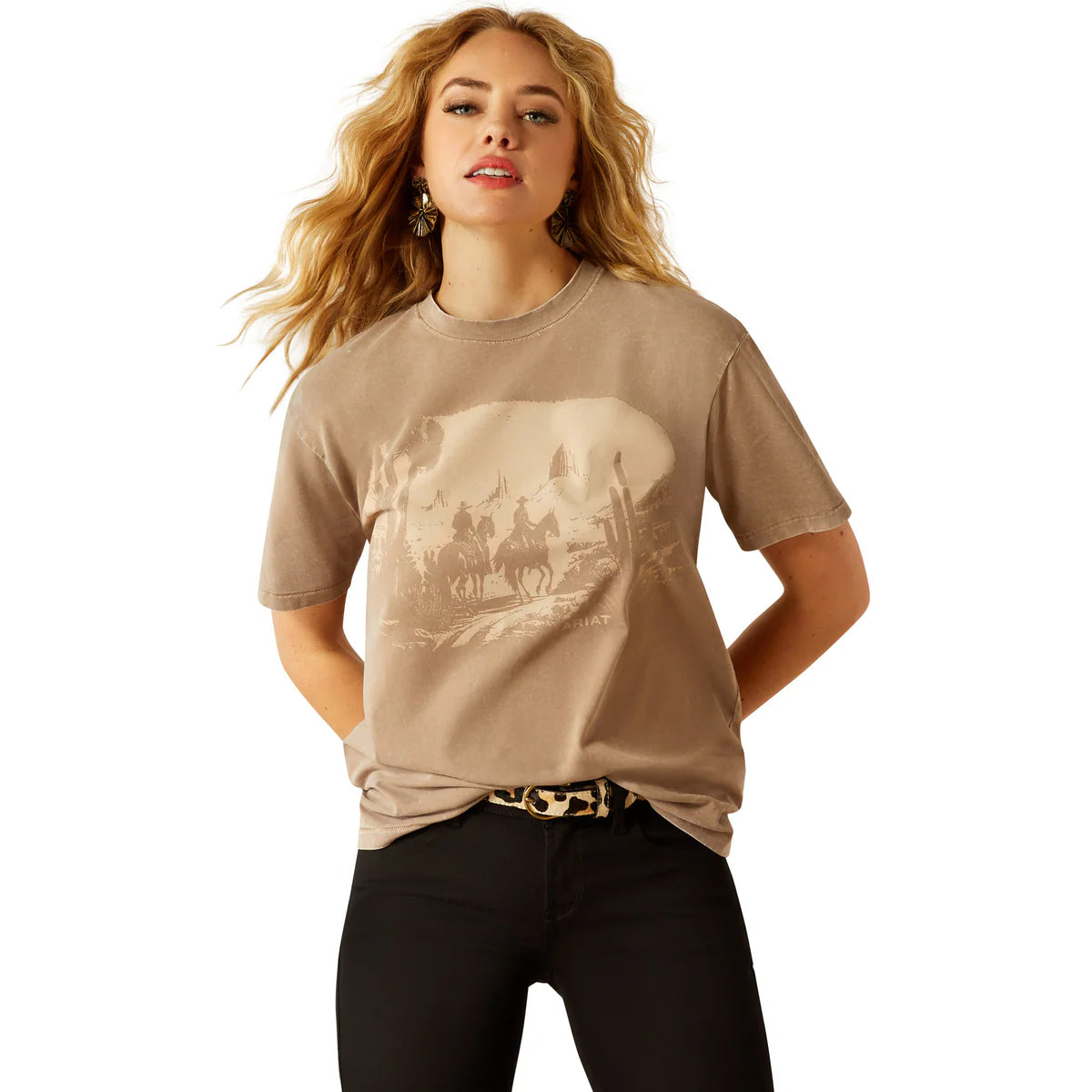Ariat Wms Western Mural SS Tee Washed Greige | Country Clothing - Ladies T Shirts | Saddleworld Ipswich
