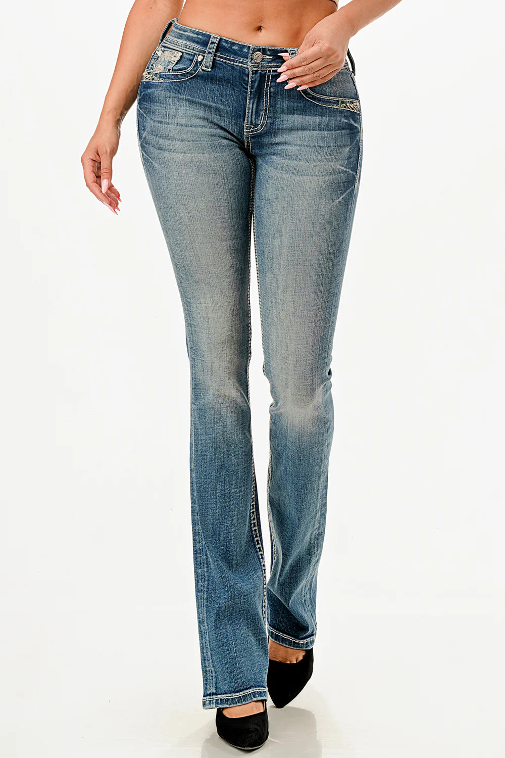 Grace in LA Ladies Steer Head Embroidery Mid Wise Bootcut Jeans