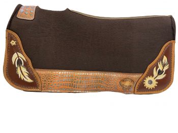 Klassy Cowgirl 28in x 30in Barrel Style 1in Brown Felt Pad with Antiqued White Feather and Sunflower Design