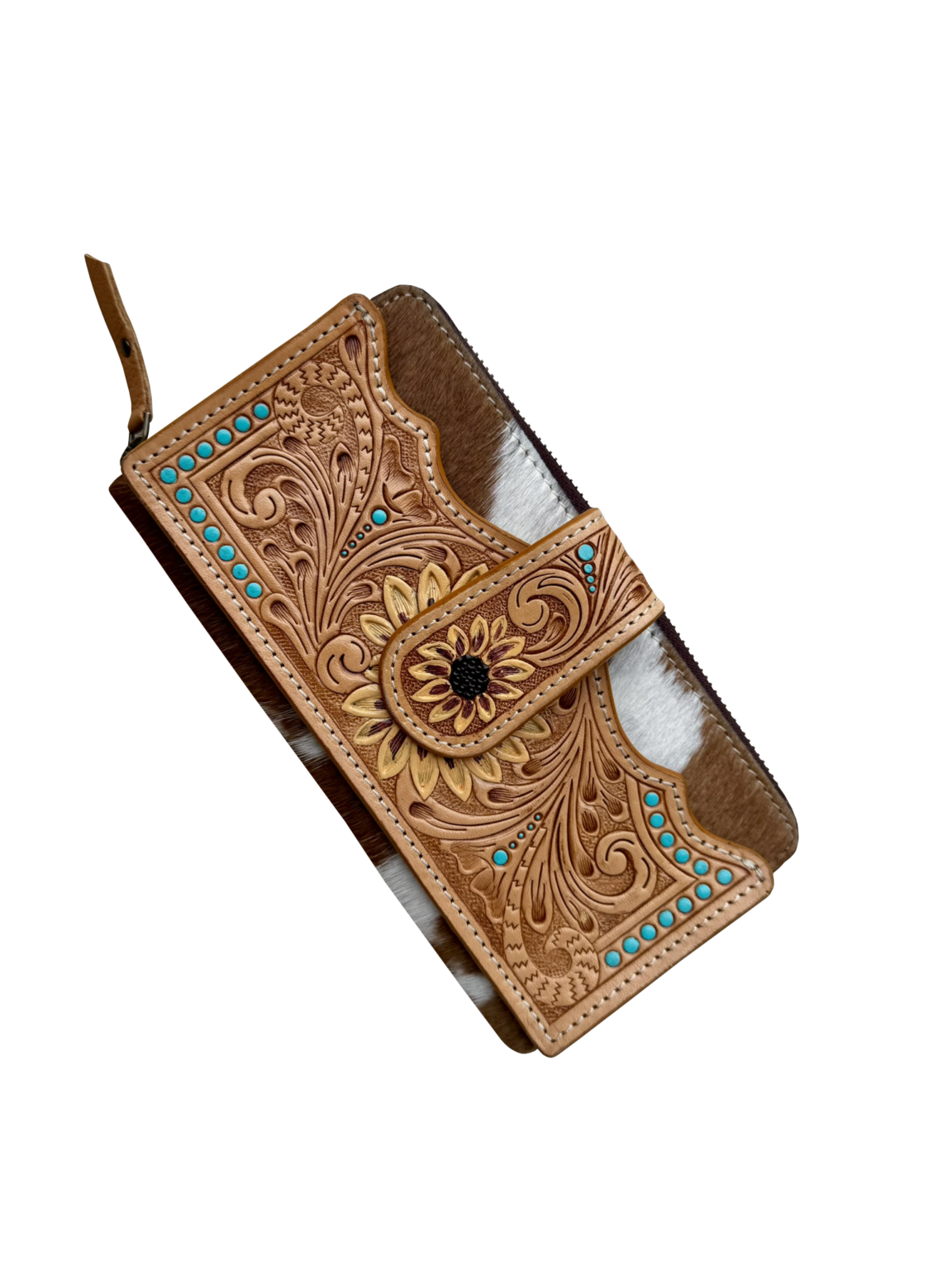 The Design Edge Cowhide Sunflower Tooling Leather Zippered Wallet