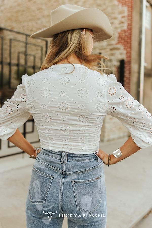 Ivory Pearl Snap Elastic Cuf V Neck Eyelet Floral Top | Country Clothing - Blouse | Saddleworld Ipswich