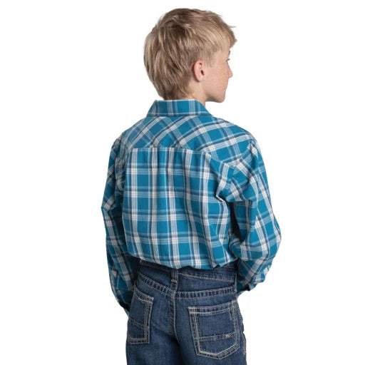 Just Country Bys Brayden Hafl Button Print Workshirt Petrol Plaid | Country CLothing - Boys SHirt | Saddleworld Ipswich