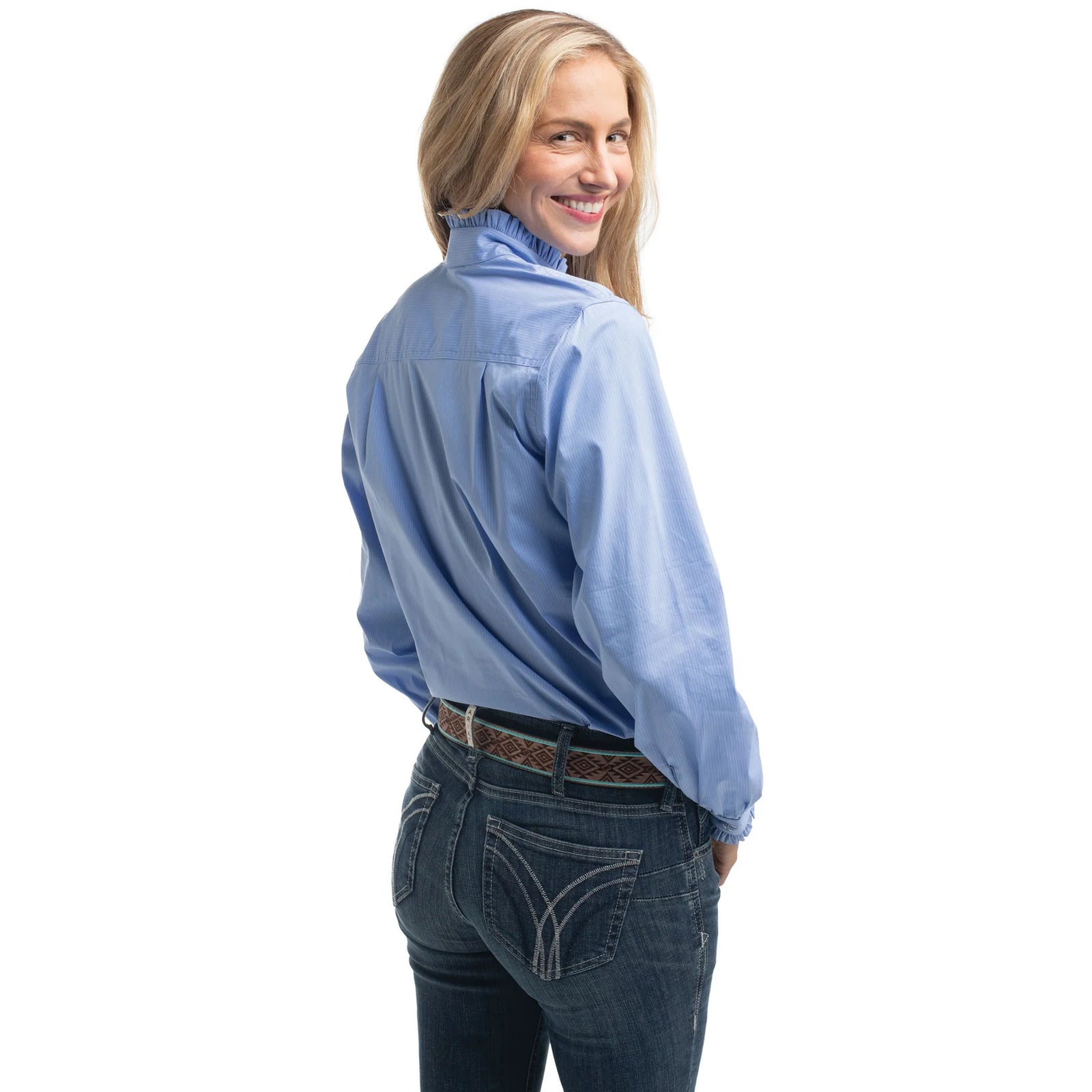 Just Country Wmns Abbey Frills Full Button Print Workshirt Cornflower Blue Pinstripe | Country Clothing - ladies Shirts | Saddleworld Ipswich