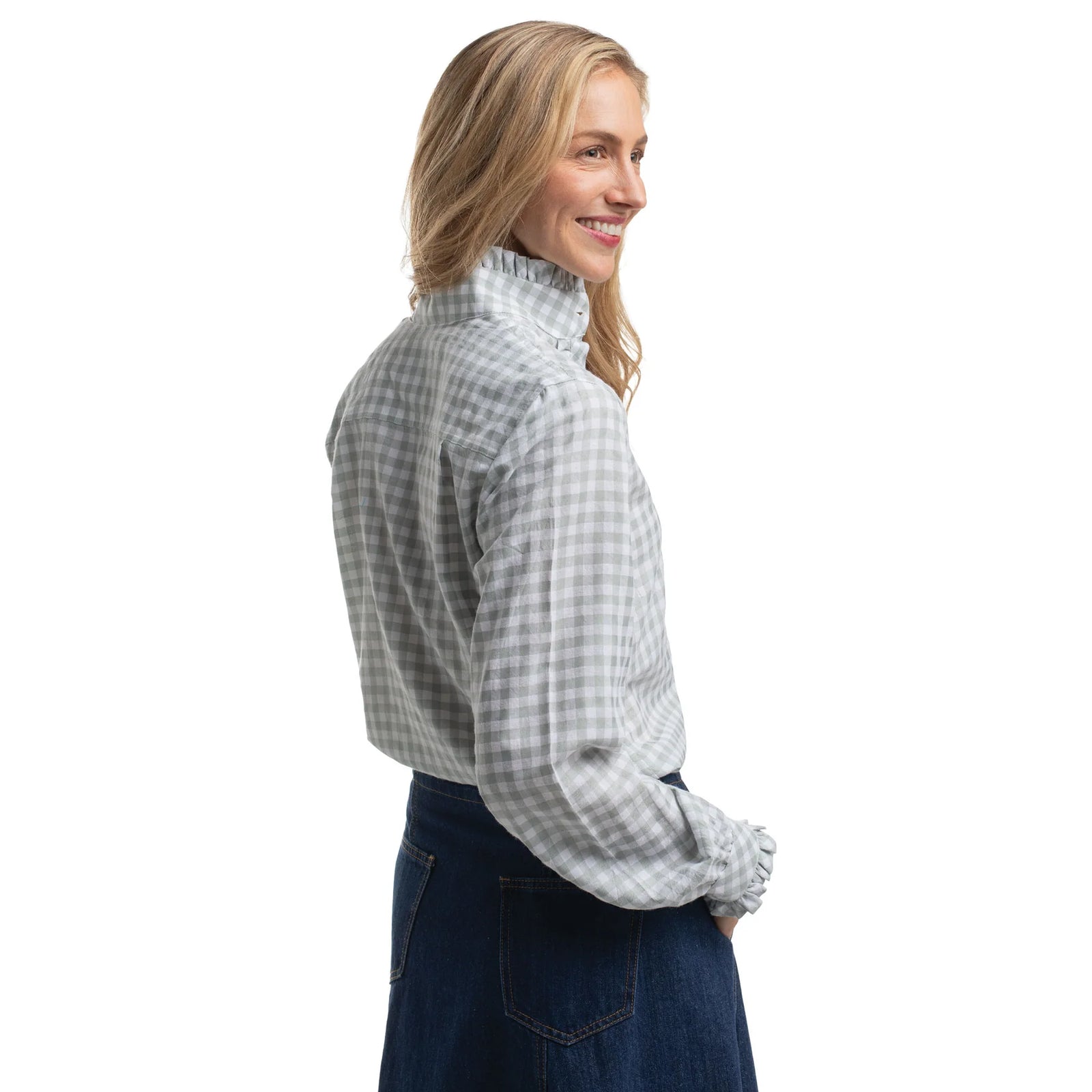 Just Country Wmns Abbey Frills Full Button Print Workshirt Sage and White Check | Country Clothing - Ladies Shirt | Saddleworld Ipswich