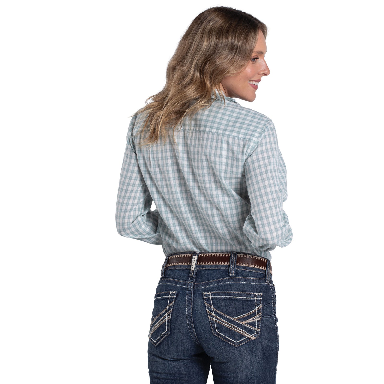 Just Country Wms Abbey Frills Full Button Print Workshirt Bay Green and White Check | Country Clothing - Ladies Shirt | Saddleworld Ipswich