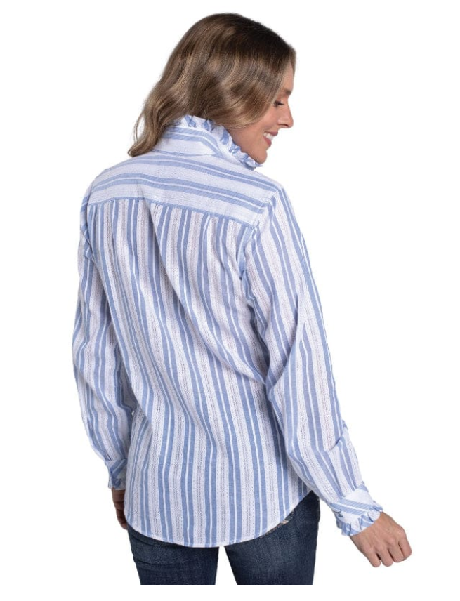 Just Country Wms Abbey Frills Full Button Print Workshirt White and Denim Stripe Lace | Country Clothing - Ladies Shirt | Saddleworld Ipswich