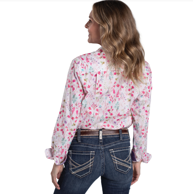 Just Country Wms Abbey Full Button Print Workshirt White Wildflowers/Orchid | Country Clothing - Ladies Shirt | Saddleworld Ipswich