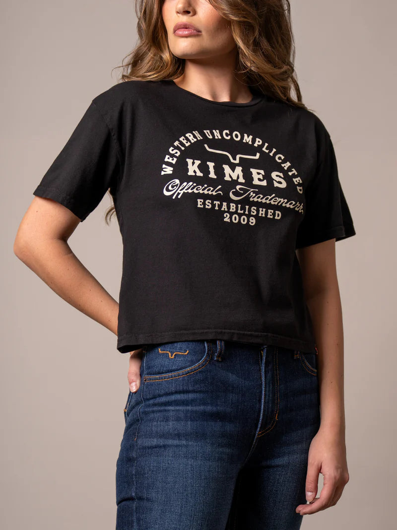 Kimes Ranch Wmns Heavy Text T Shirt | Black | Ladies T-Shirt Cropped | Kimes Ranch | Saddleworld Ipswich |