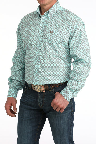 Cinch Mens Light Blue Geometric Print Shirt