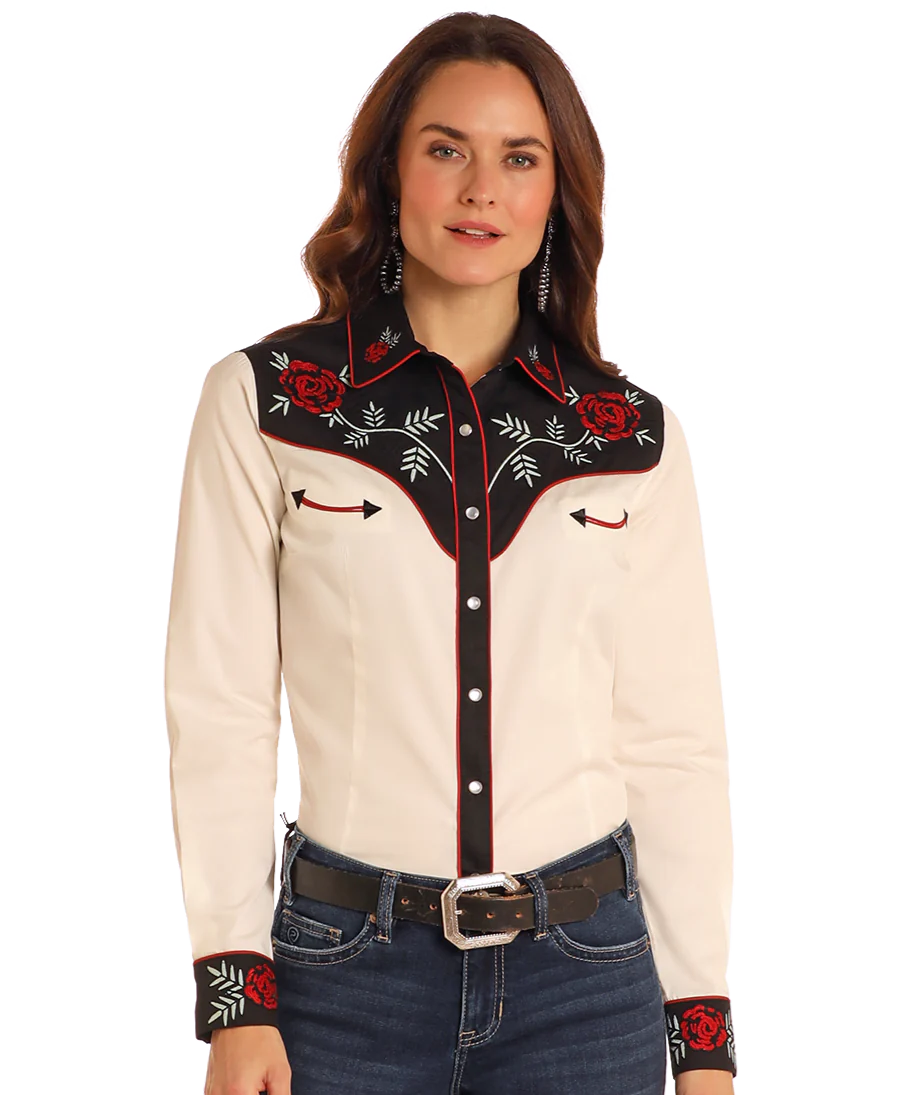 Panhandle Slim Wmns Collared Retro Long Sleeve Snap Shirt - Black Friday Sale