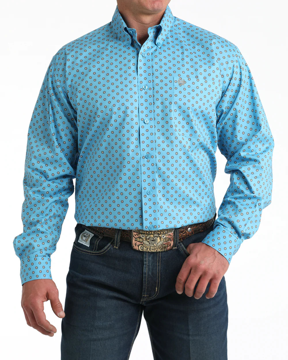 Cinch Mens Sky Blue Geometric Print Shirt
