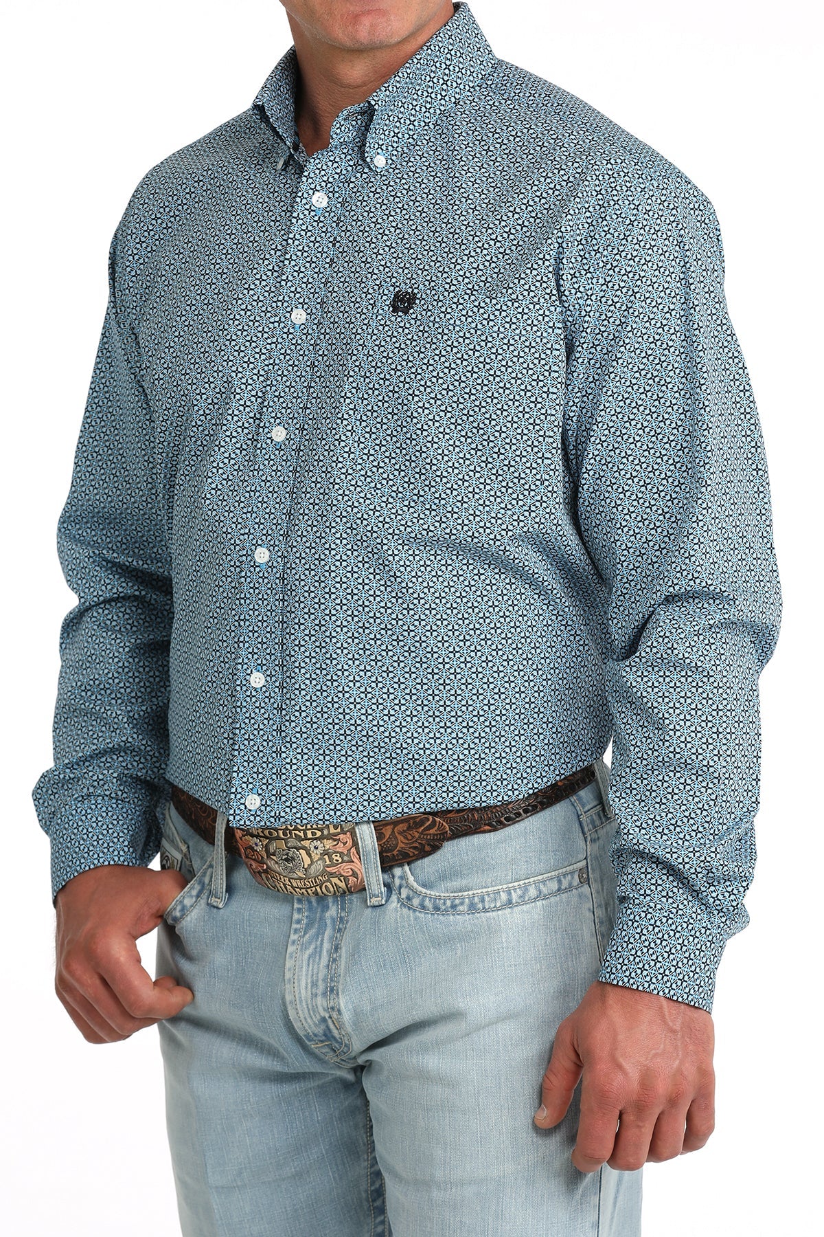 Cinch Mens Blue Geo Print Long Sleeve Shirt