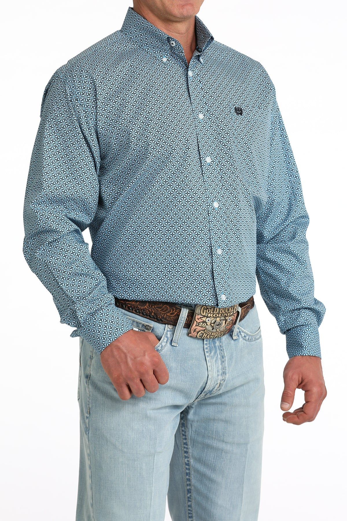 Cinch Mens Blue Geo Print Long Sleeve Shirt
