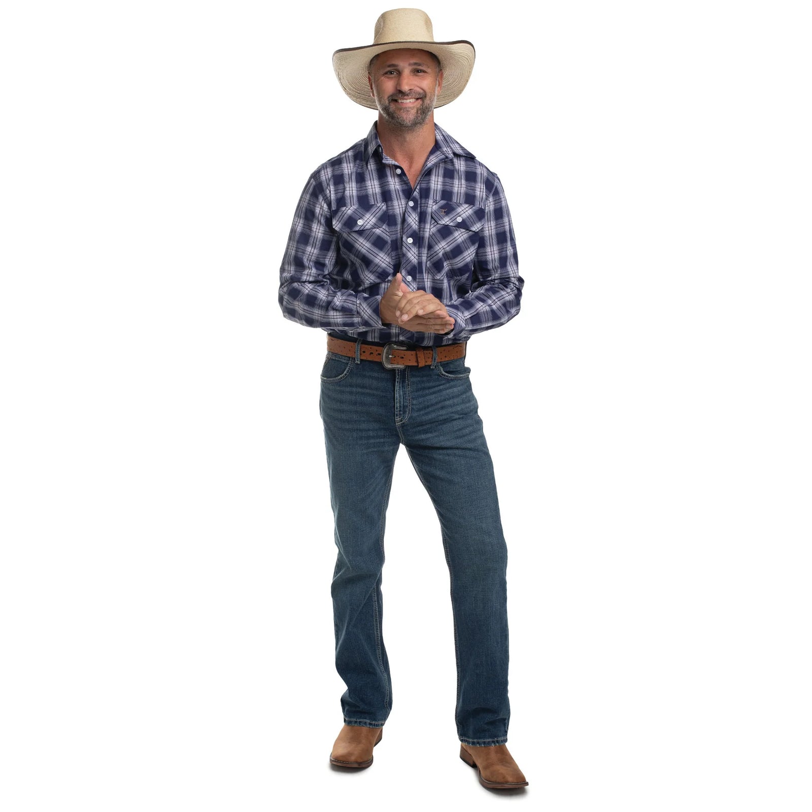 Just Country Mns Austin Full Button Print Workshirt Navy and White Plaid