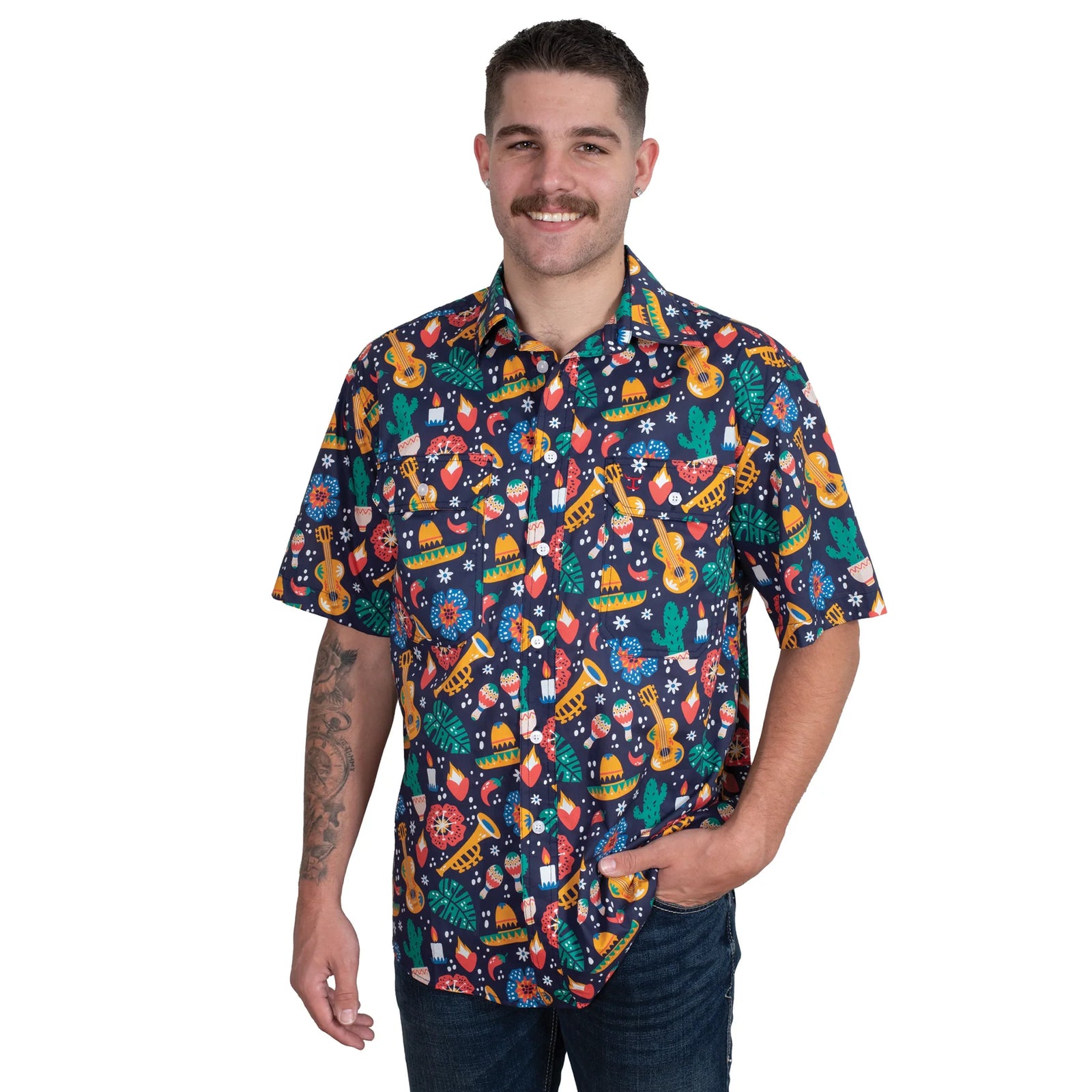 Just Country Mns Jordan Full Button Short Sleeve Print Workshirt Navy Fiesta