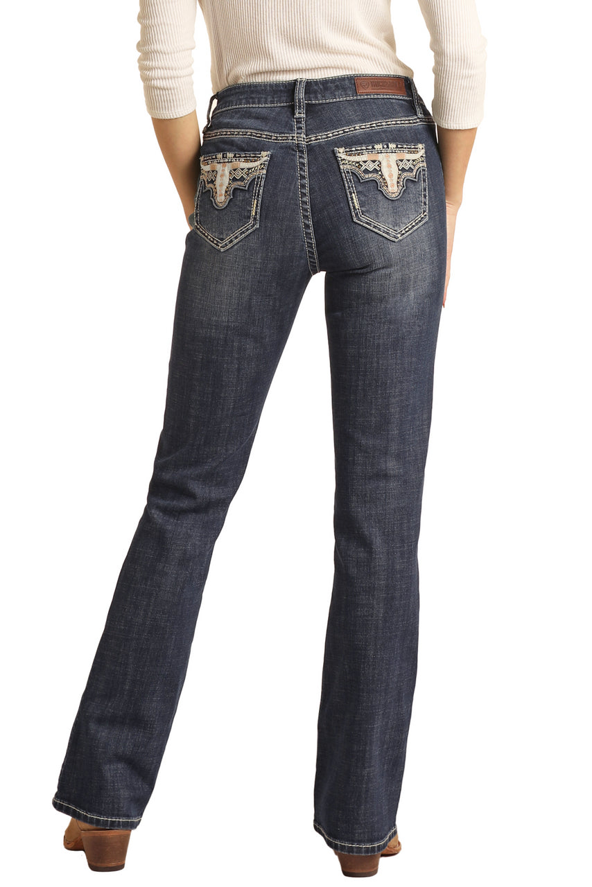 Rock and Roll Mid Rise Extra Stretch Bootcut Jeans Cow Skull Emb