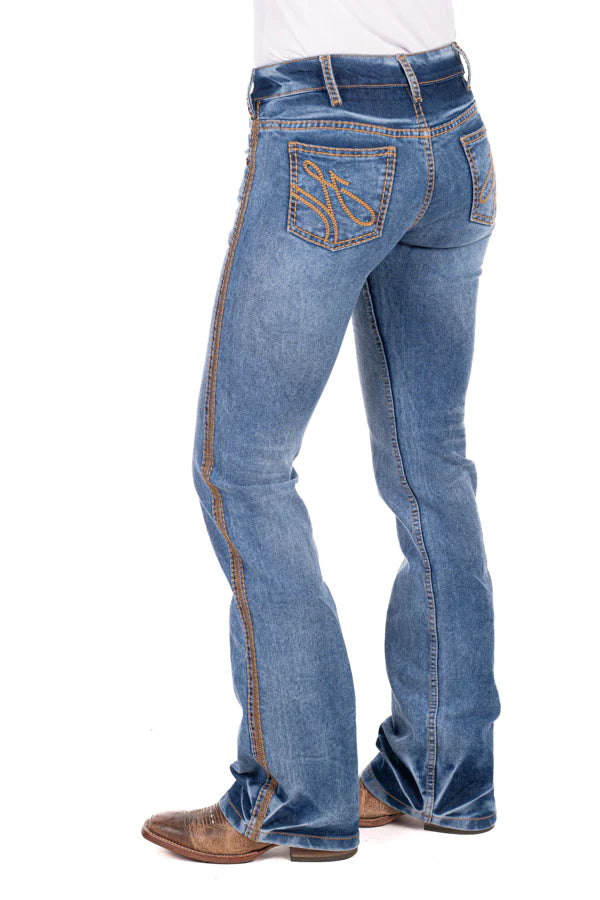 Hitchley AND Harrow Mid Rise SR2172 Woodstock Tan Overlocking Stitch Jean