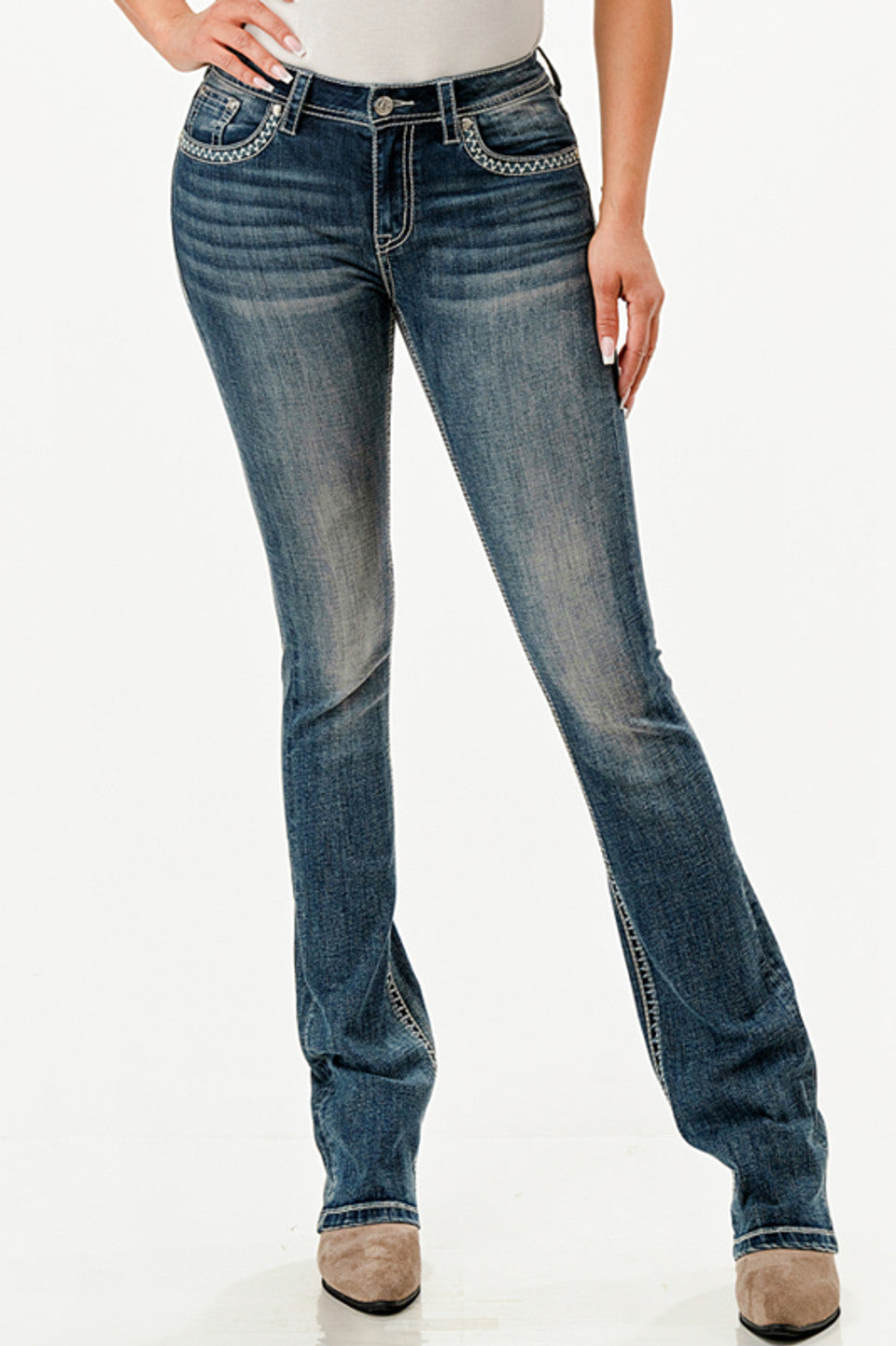 Grace in LA Ladies Colourful Necklace Embellished Mid Rise Medium Wash Denim Bootcut Jean