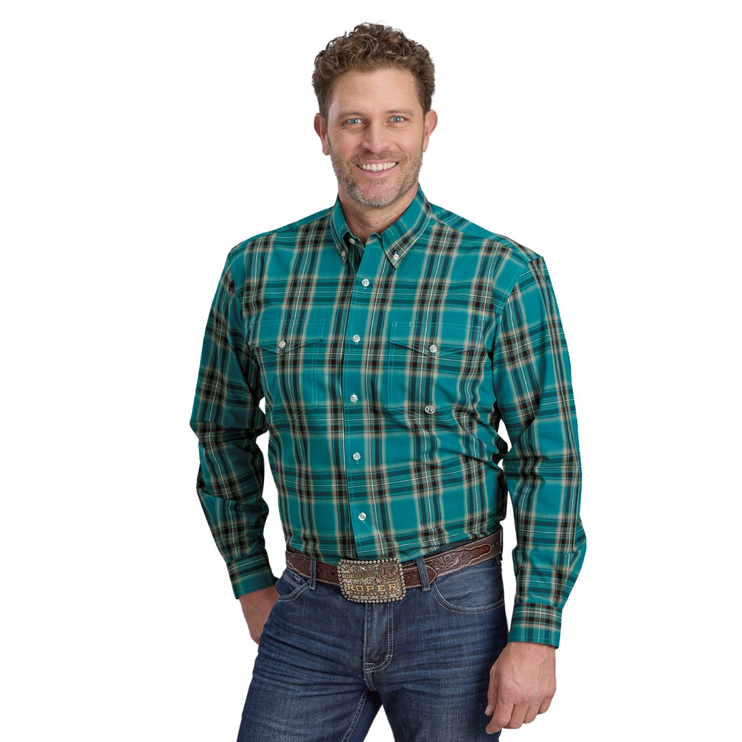 Roper Mns Amarillo Collection LS Shirt Plaid Green - Black Friday Sale