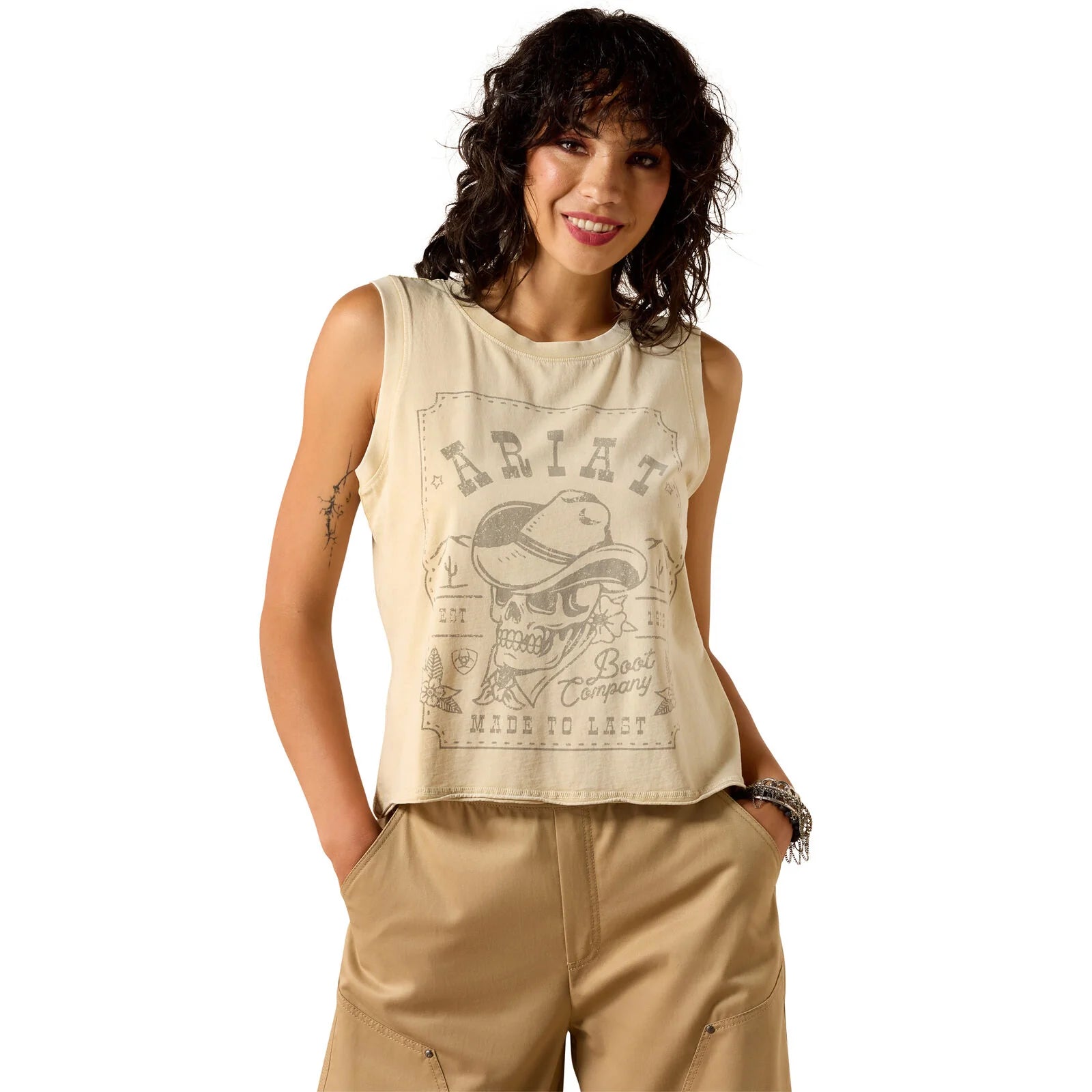 Ariat Wms Wanted Skull Cowboy Tank Summer Sand