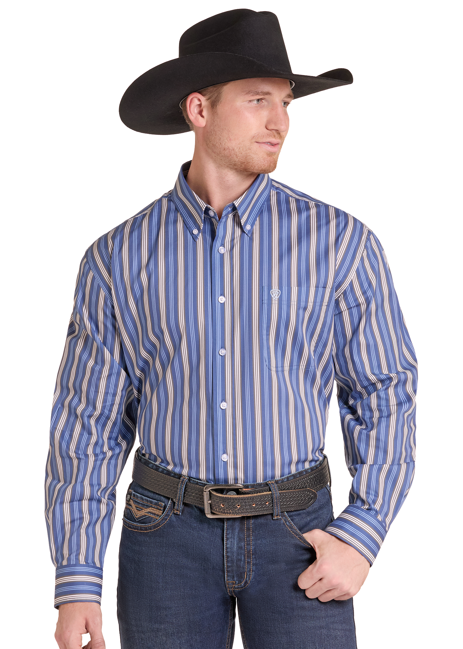 Rock and Roll Denim Mens Blue Stripe Print Long Sleeve Shirt | Country Clothing - Mens Shirt | Saddleworld Ipswich