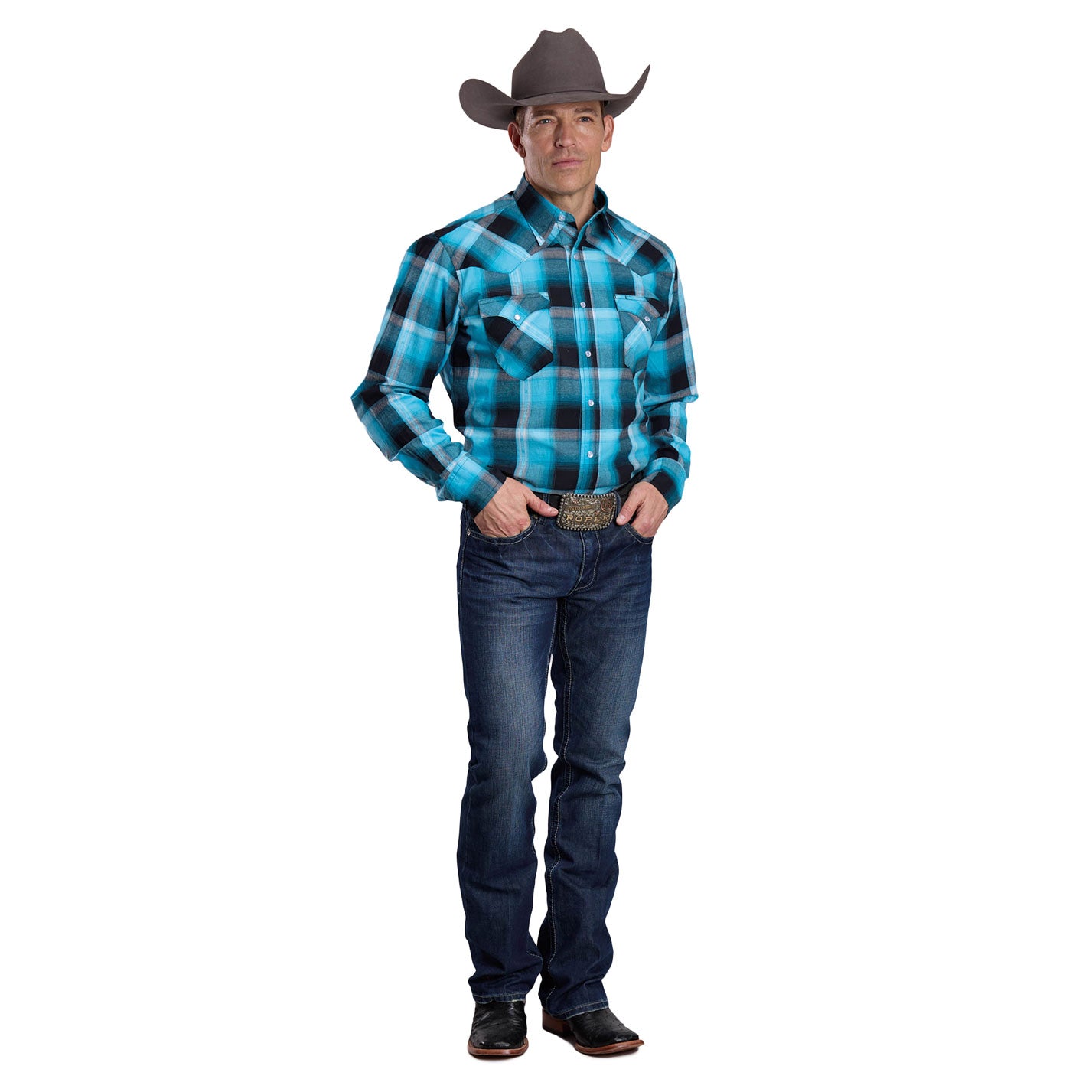Roper Mns West Made Collection LS Shirt Plaid Blue | Country Clothing - Mens SHirt | Saddleworld Ipswich