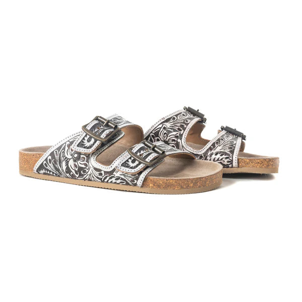Mesa Scroll Handtooled Sandals in Black and White