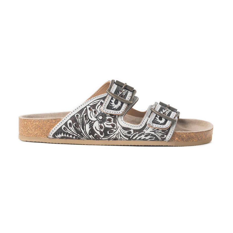Mesa Scroll Handtooled Sandals in Black and White