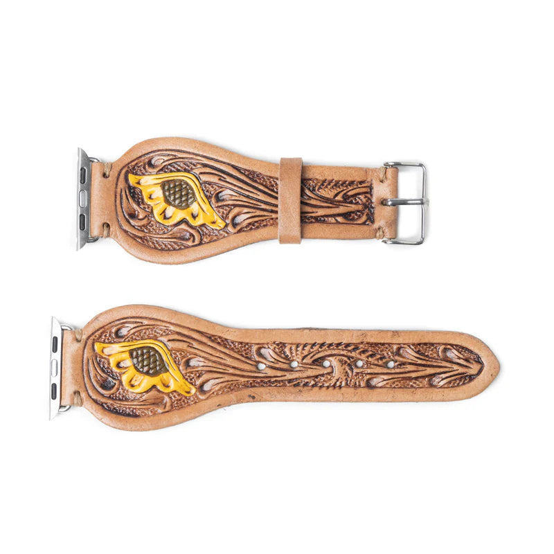 Lone Star Handtooled Leather Watch Band in Antique Mahogany