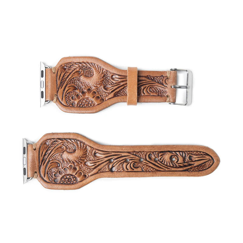 Lone Star Handtooled Leather Watch Hand in Antique Saddle Brown