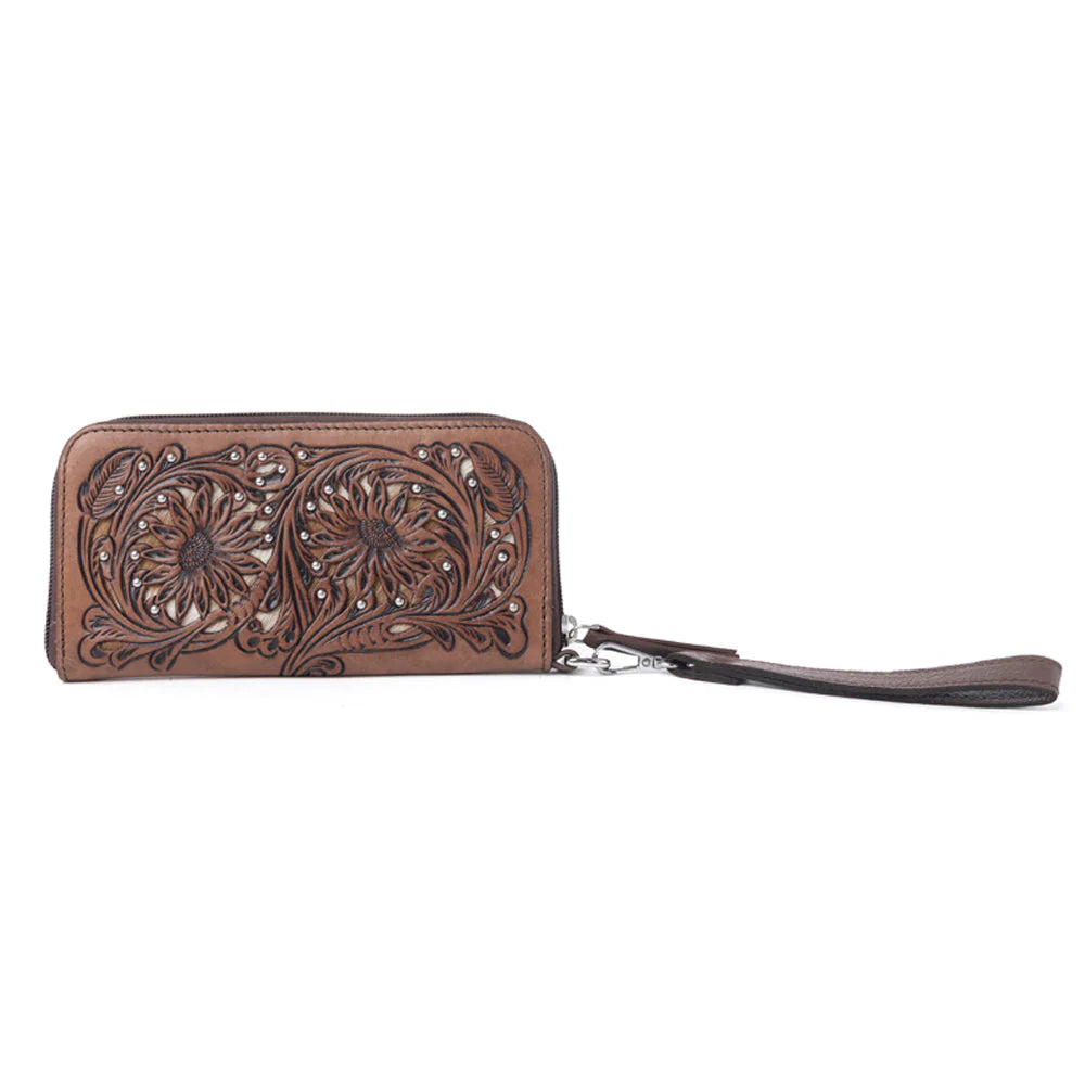 Myra Autumn Brook Handtooled Harion Leather WMns Wallet in Toffee Saddle