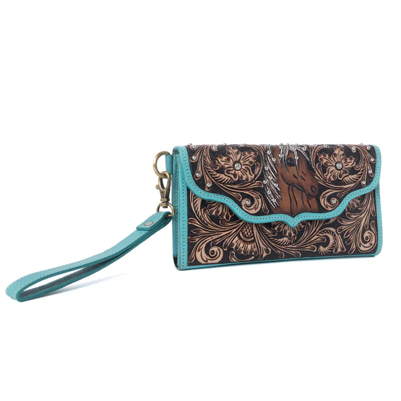 Sunfire Valley Handtooled Harion Leather WMns Wallet in Turquoise Pearl