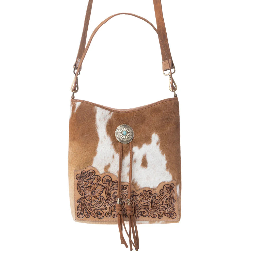 Yellowstone Tawny Ridge Handtooled Hairon Carry Bag in Ivory Mocha