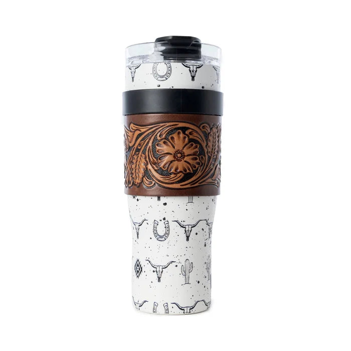 Westmark Tooled Western Tumbler in White Stainless Steel with Leather Wrap