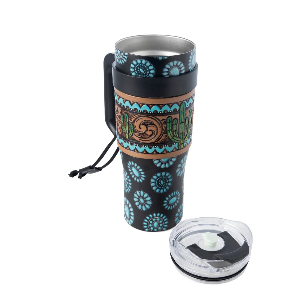 Concho Crest Western Tooled Tumblr in Black Stainless Steel with Leather Wrap and Handle