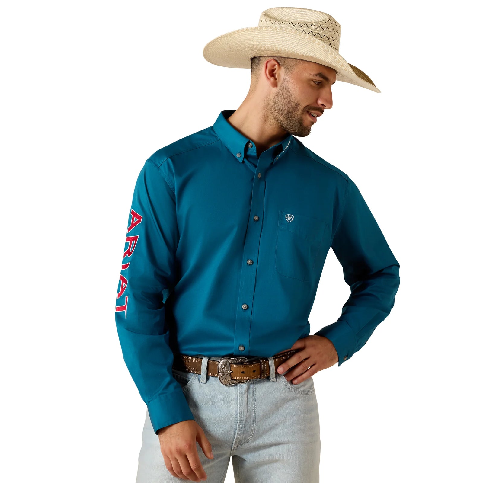 Ariat Mns Team Logo Lightweight Twill Classic Fit LS Shirt Corsair/Red