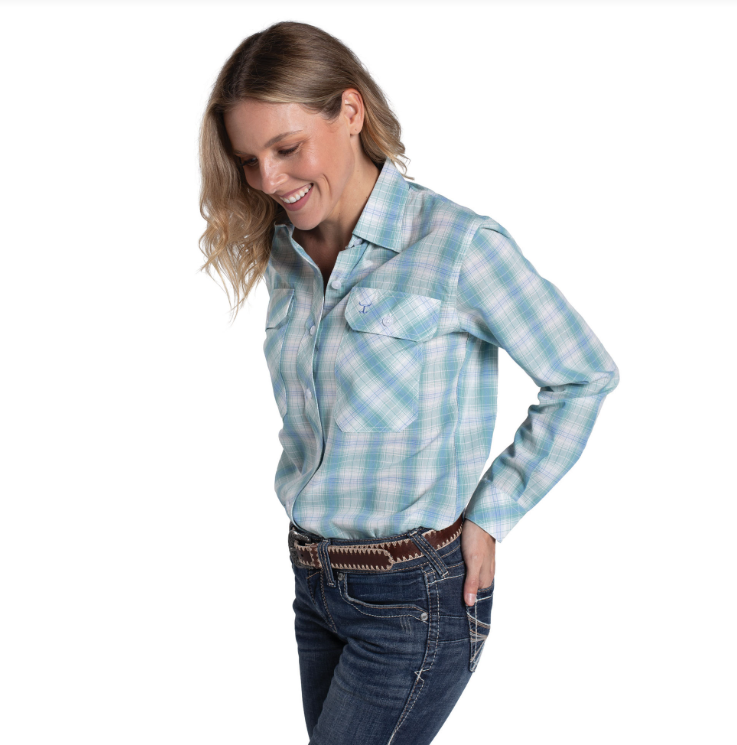 Just Country Wms Abbey Full Button Print Workshirt Riviera Blue and Sea Green Plaid