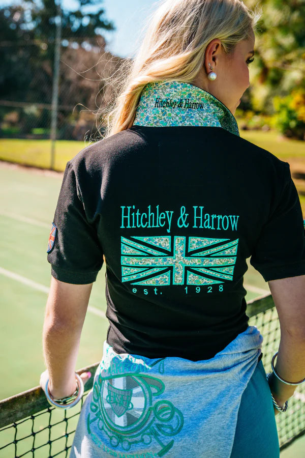 Hitchley and Harrow Fitted Polo Black with Mint Floral