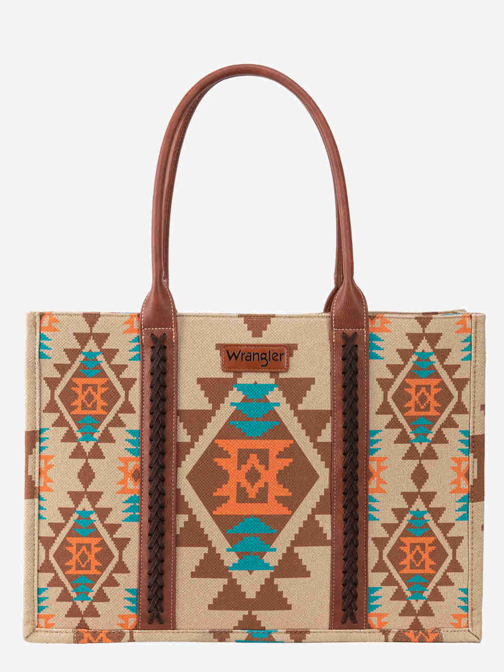 Wrangler Southwestern Pattern Dual Sided Print Canvas Wide Tote Tan