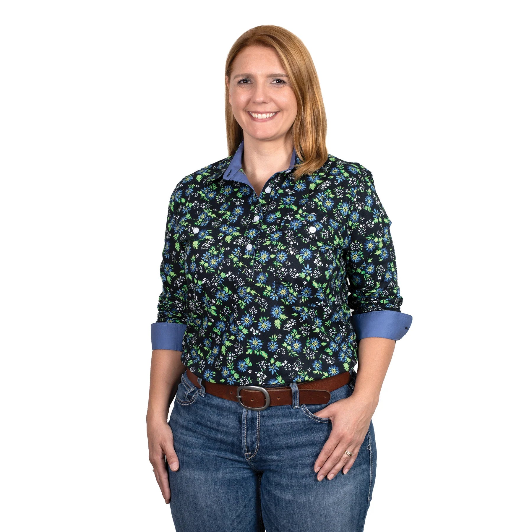 Just Country Wmns Georgie Half Button Print Workshirt Navy Asters - CLEARANCE