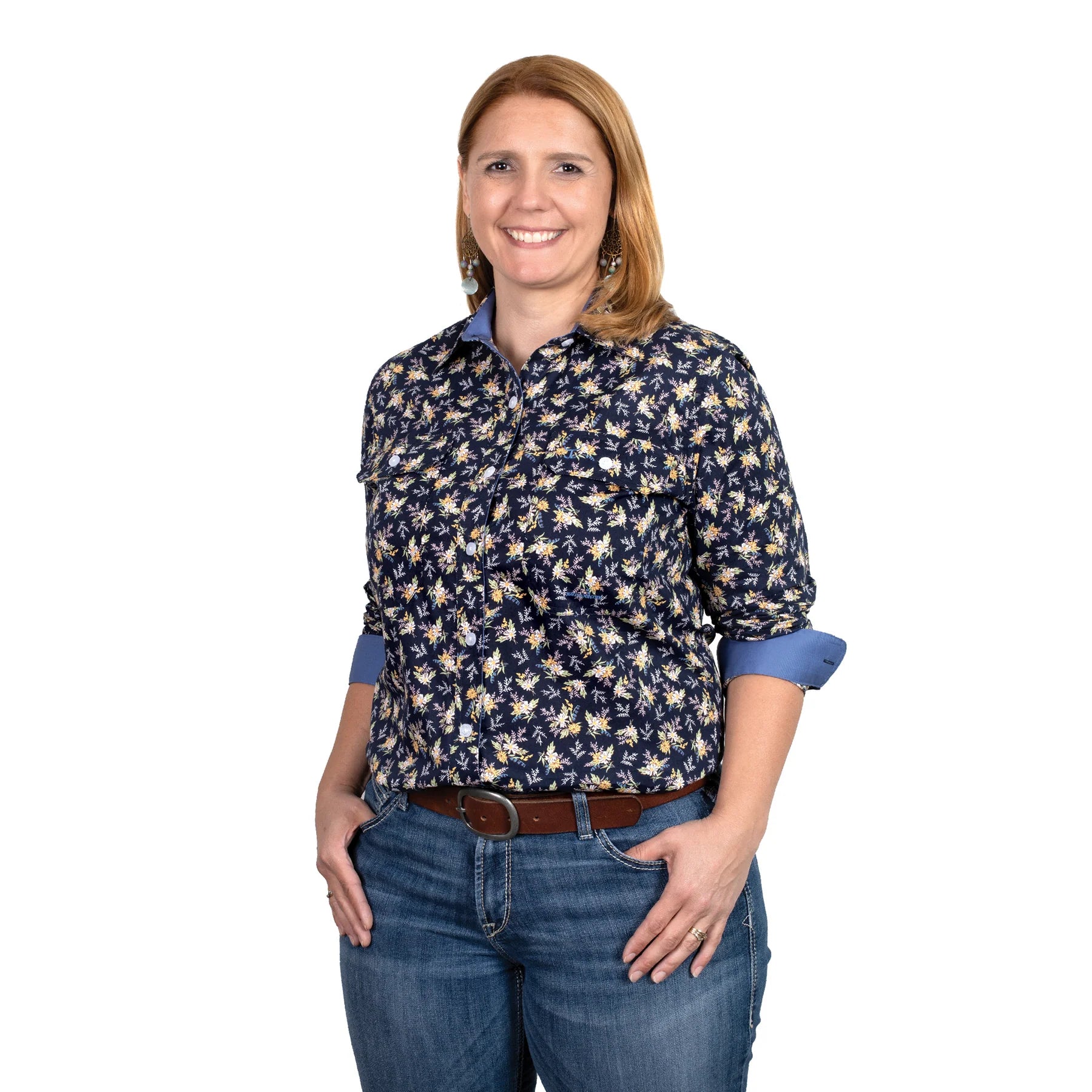 Just Country Wmns Abbey Full Button Print Workshirt Navy Bouquets