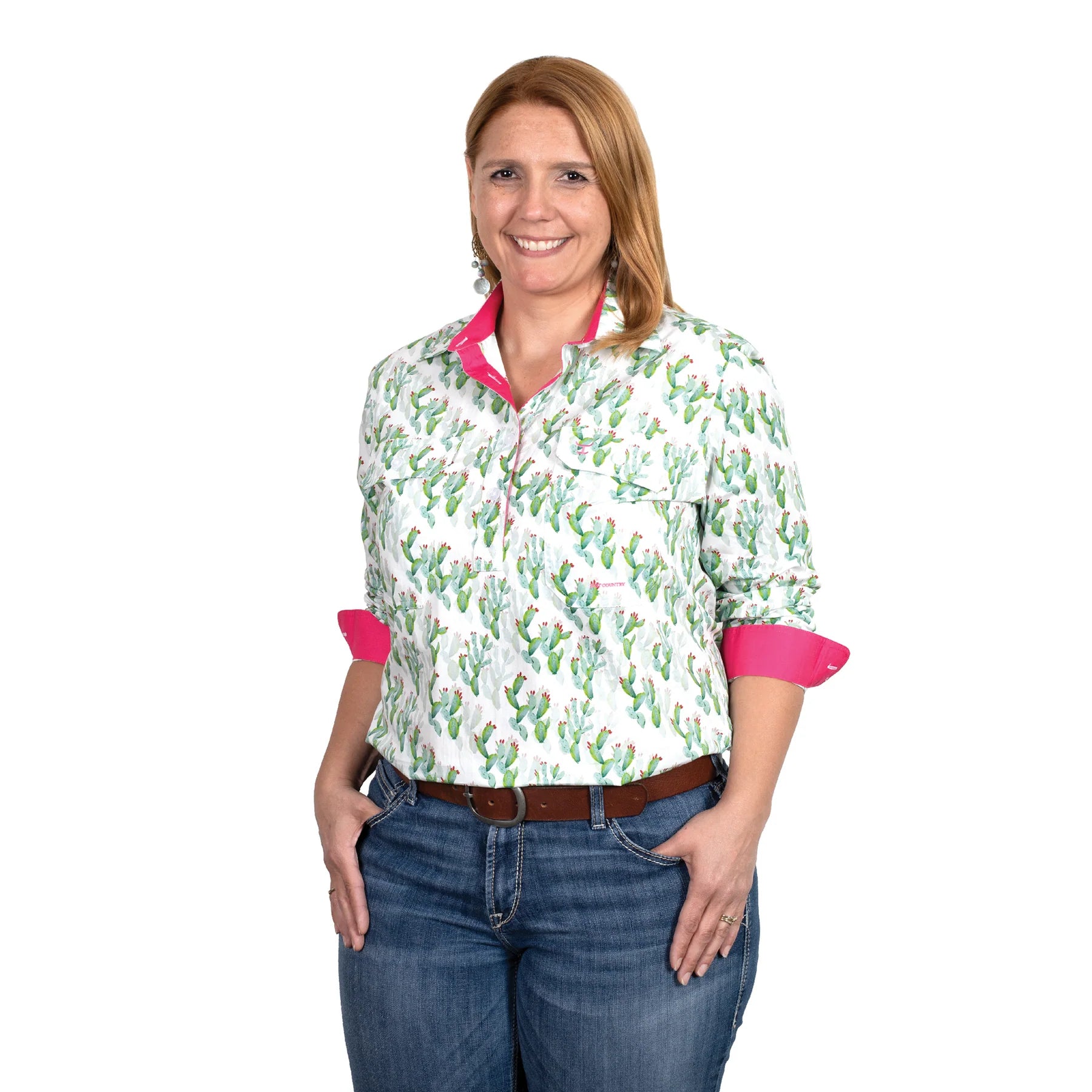 Just Country Wms Georgie Half Button Print Workshirt White Cactus