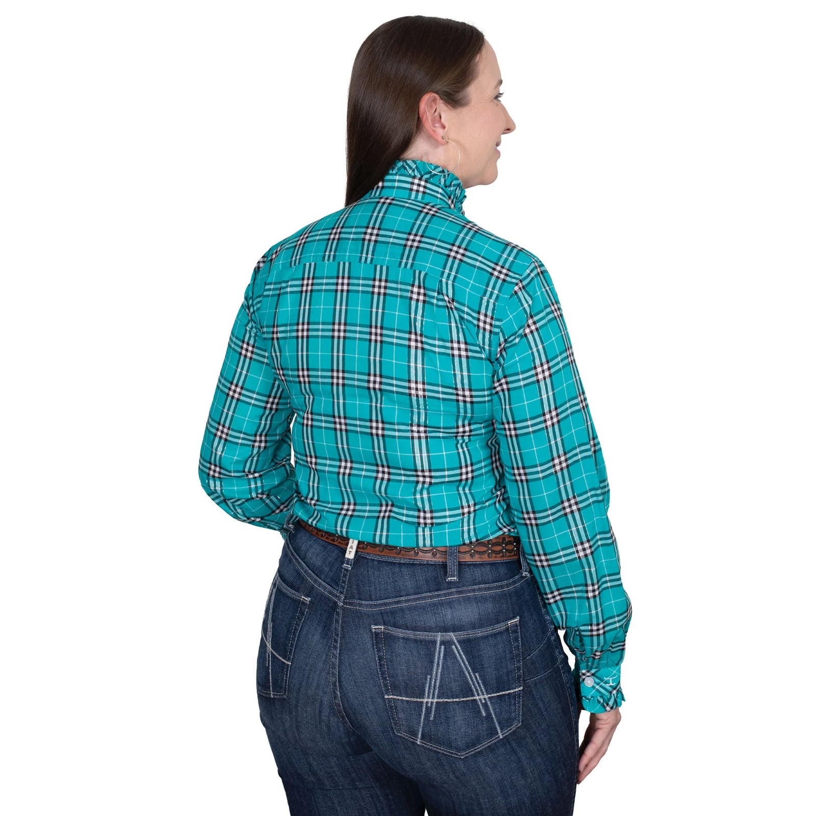 Just Country Wms Abbey Frills Full Button Print Workshirt Peacock Green Lurex Plaid