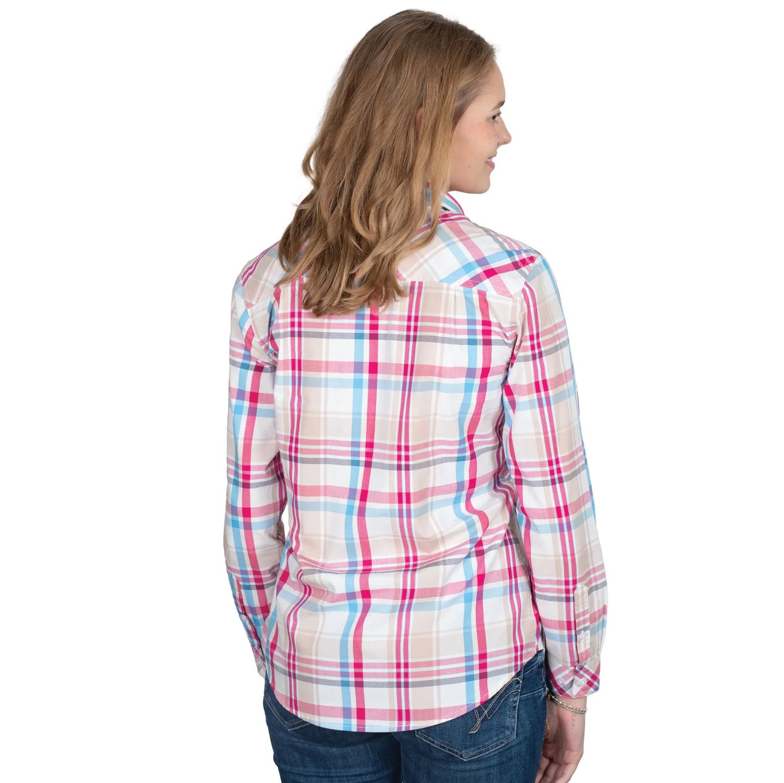 Just Country Wmns Abbey Full Button Print Workshirt Pink/Blue/Tan Plaid