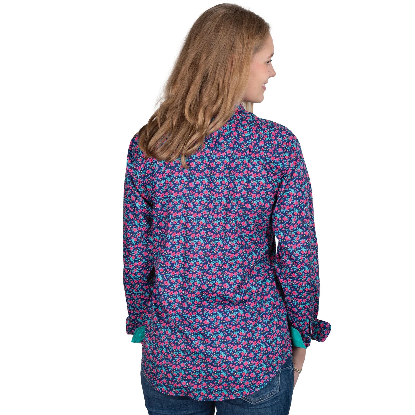 Just Country Wmns Abbey Full Button Print Workshirt Navy Pansies/Hot Pink