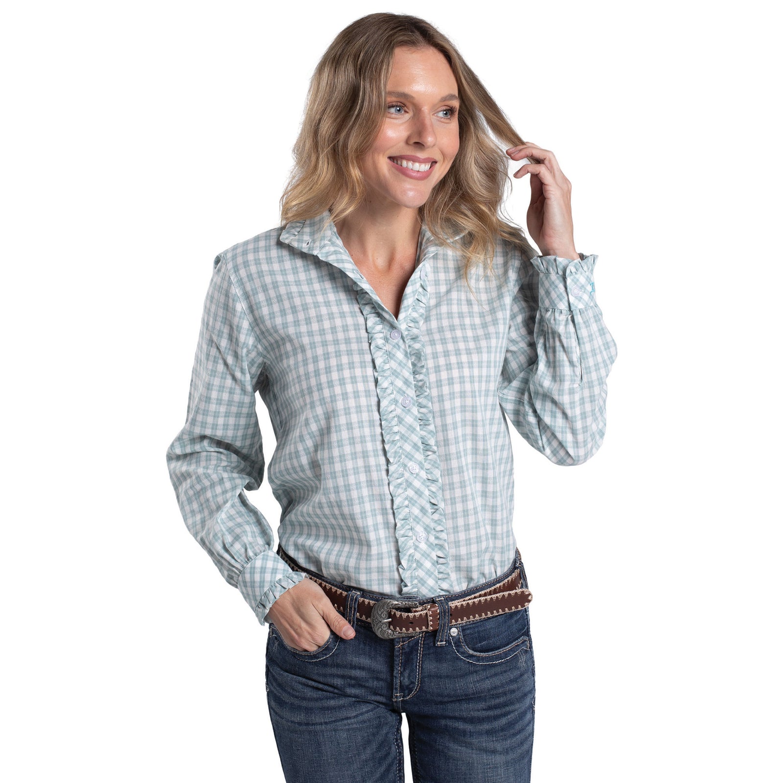 Just Country Wms Abbey Frills Full Button Print Workshirt Bay Green and White Check